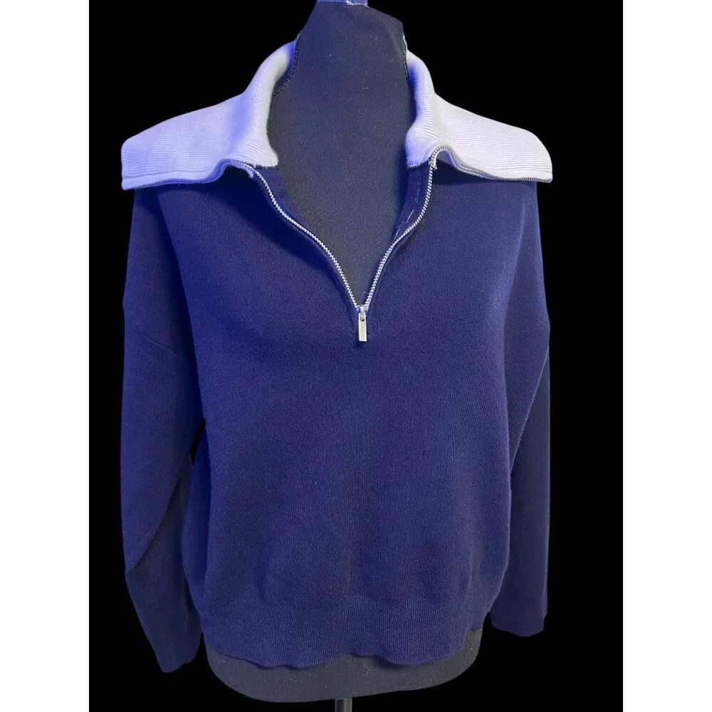 MNG Half-Zip Sweater Women Medium Navy Blue White Collar Coastal lagom cozy